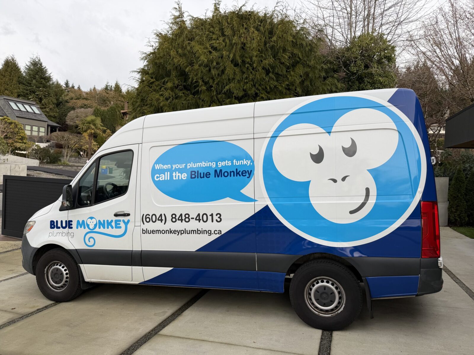 Blue Monkey Plumbing van parked in a Caulfeild driveway in West Vancouver