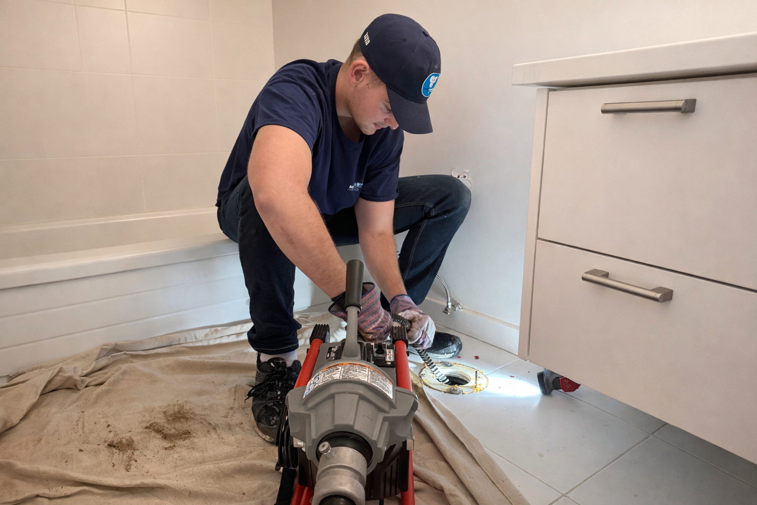 Plumber clearing a drain line through toilet flange access in a bathroom