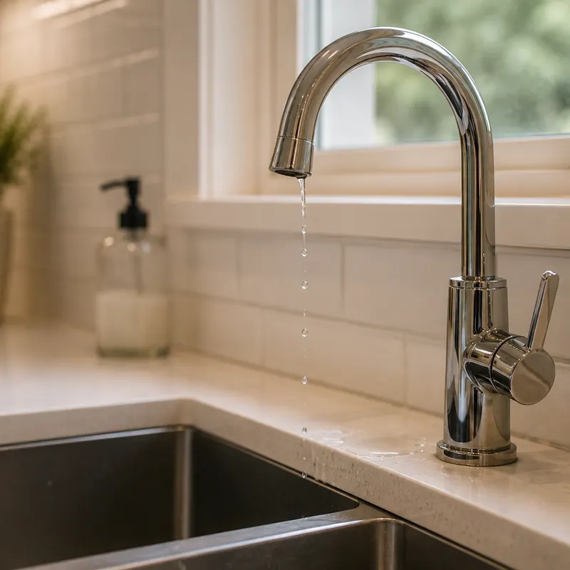 Modern chrome kitchen faucet dripping water