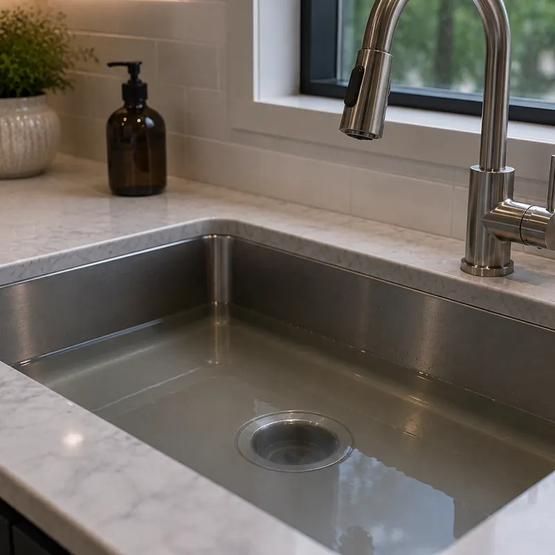 Modern kitchen sink with standing water from a drainage problem