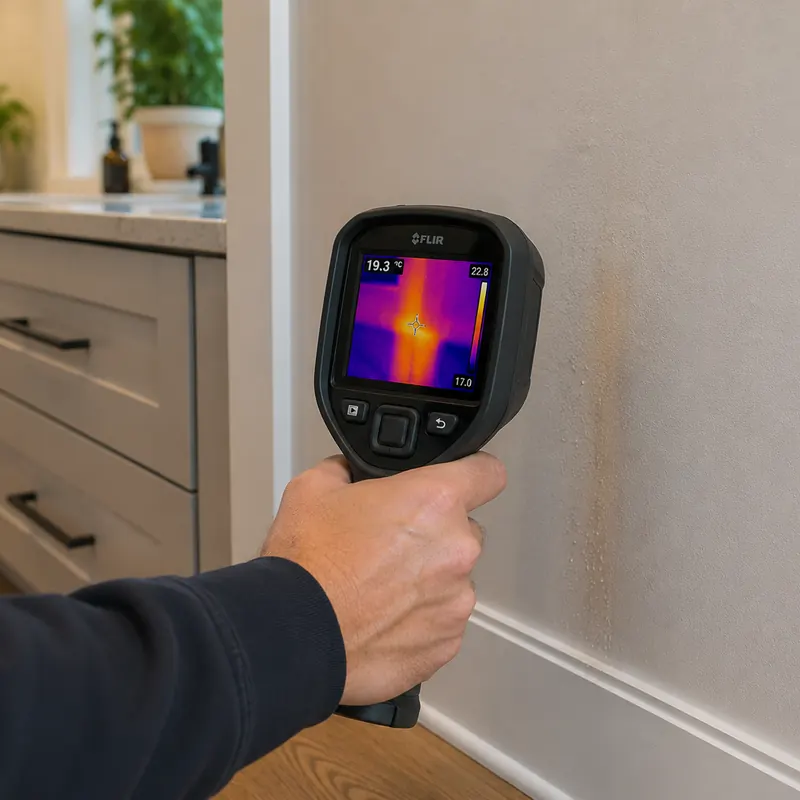 Thermal imaging device checking a wall for signs of hidden moisture