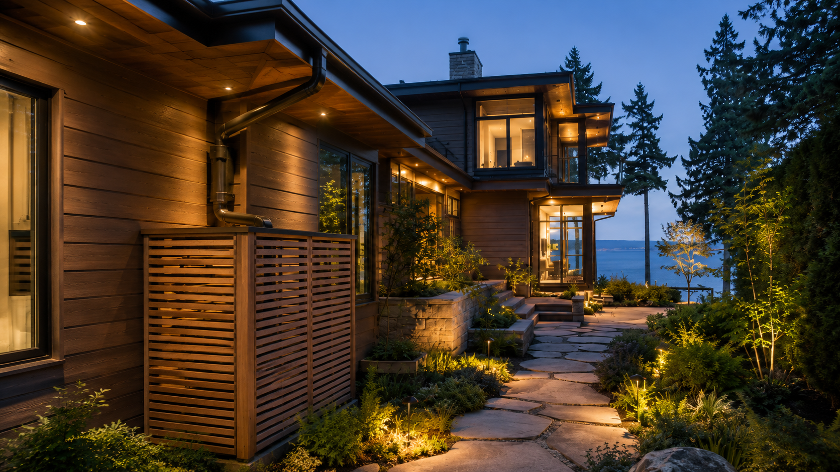 Cedar screened rainwater storage system beside a West Vancouver home